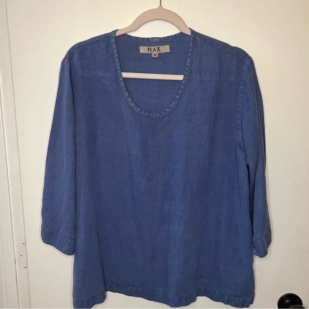 Flax Blue Linen Relaxed Top Lag And Look Oversized Scoop Neck